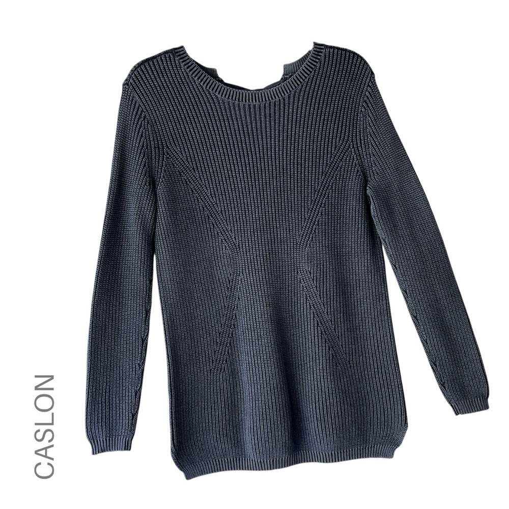 CASLON | NWOT BLUE COTTON RIBBED TIE-BACK TUNIC SWEATER | EXTRA SMALL